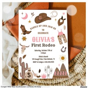 Cowgirl Wild West Southwestern 1st Rodeo Birthday Invitation