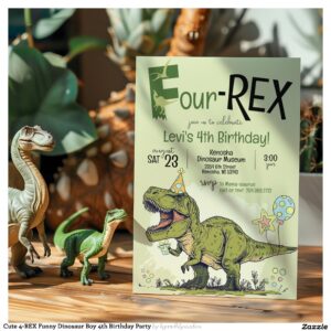Cute 4-REX Funny Dinosaur Boy 4th Birthday Party Invitation