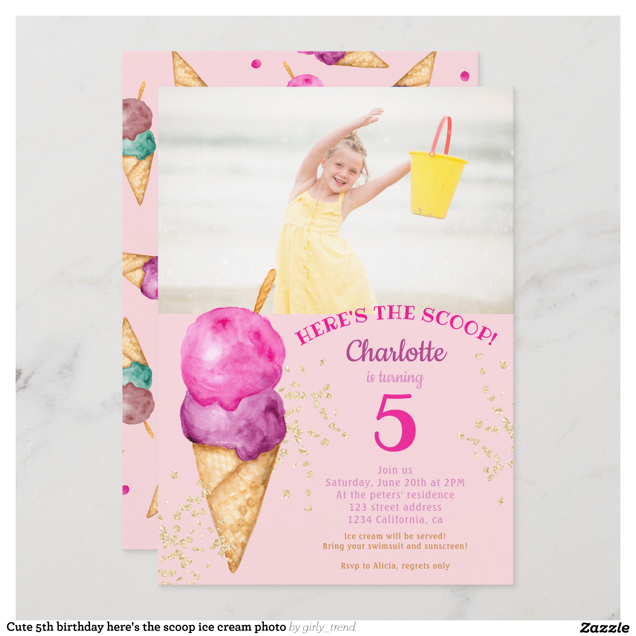 Cute 5th birthday here's the scoop ice cream photo invitation