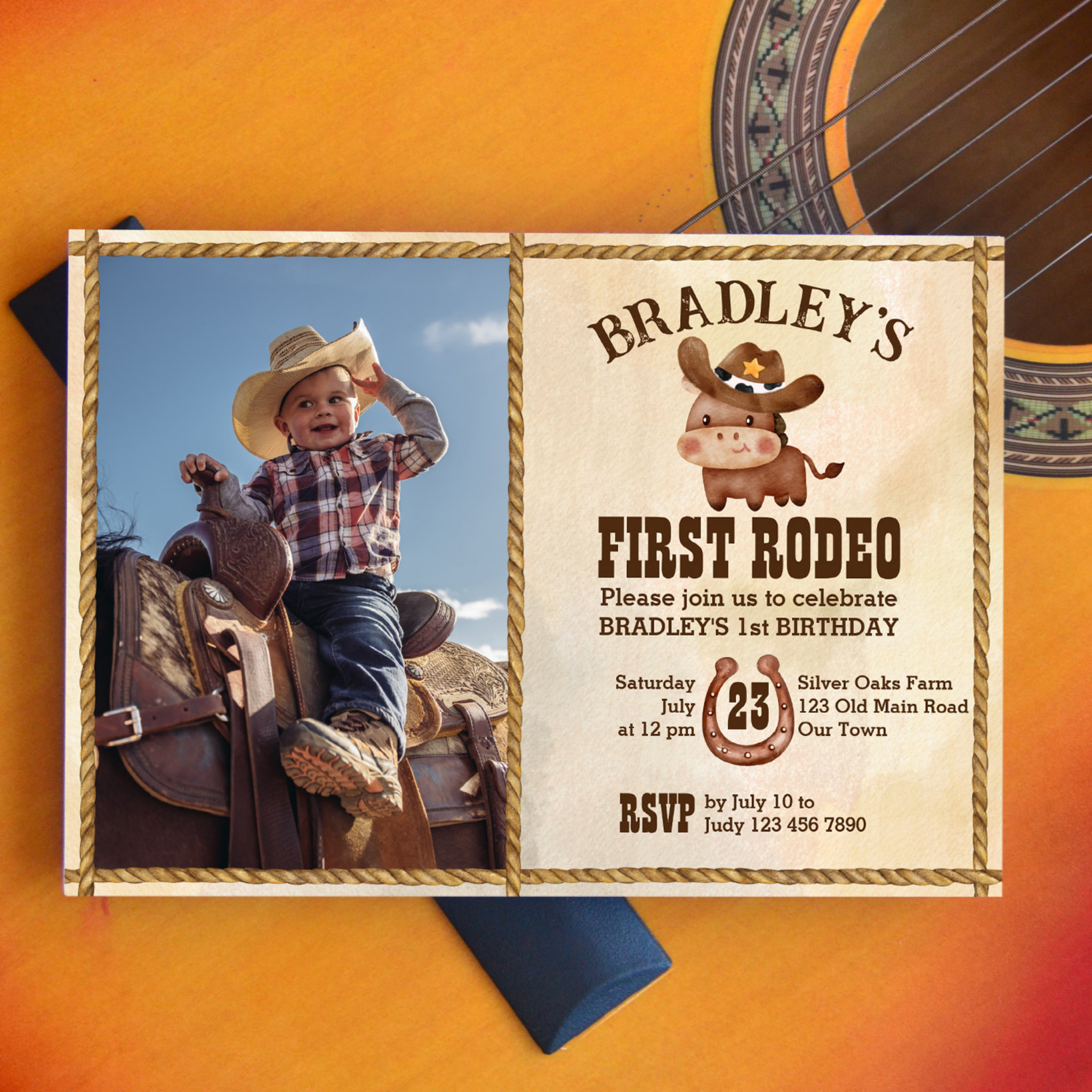 Cute baby horse first rodeo photo birthday invitation