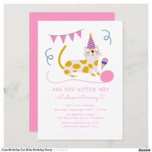Cute Birthday Cat Kids Birthday Party Invitation