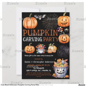Cute Black Halloween Pumpkin Carving Party Kids Invitation