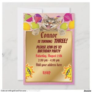 Cute cat with gold and fun suns invitation