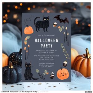 Cute Dark Halloween Cat Bat Pumpkin Party Invitation