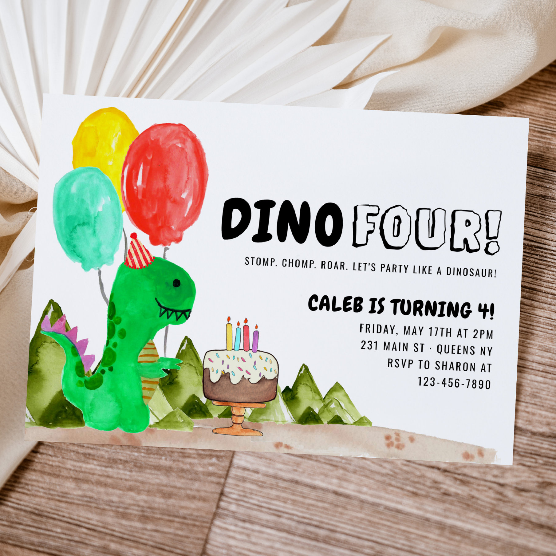 Cute Dino FOUR Balloon Cake Dinosaur 4th Birthday Invitation