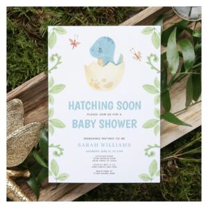 Cute Dinosaur Hatching Soon Blue Boy Baby Shower Invitation