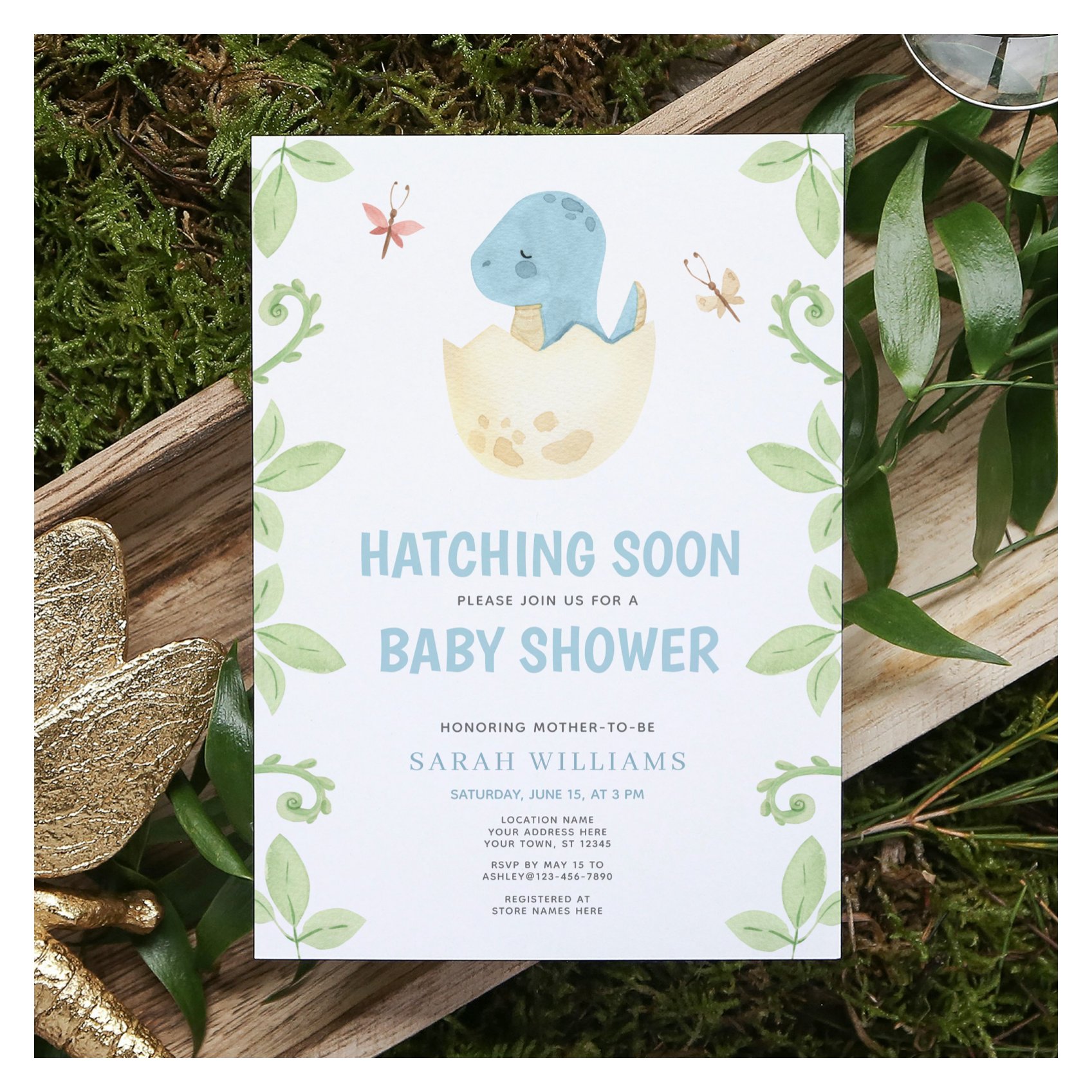 Cute Dinosaur Hatching Soon Blue Boy Baby Shower Invitation