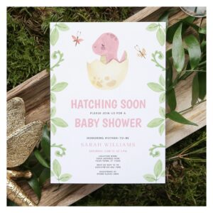 Cute Dinosaur Hatching Soon Pink Girl Baby Shower Invitation