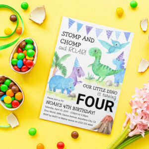 Cute Dinosaur Stomp, Chomp & Roar 4th Birthday Invitation