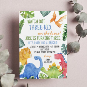Cute Dinosaur Three-rex Birthday Invitation