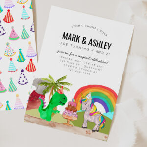 Cute Dinosaur Unicorn Cake Candle Joint Birthday Invitation