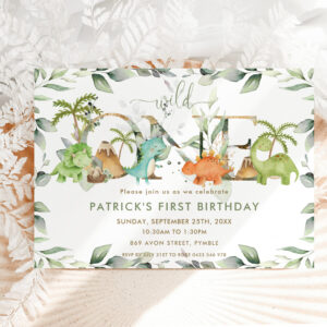 Cute Dinosaurs Greenery 1st Birthday Wild One Invitation