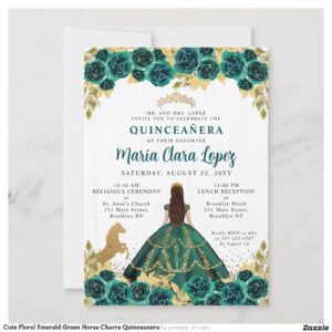Cute Floral Emerald Green Horse Charra Quinceanera Invitation