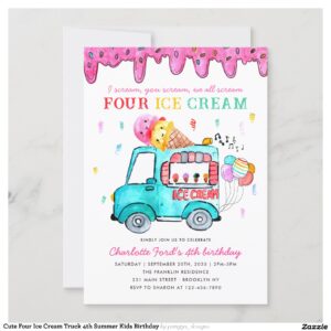 Cute Four Ice Cream Truck 4th Summer Kids Birthday Invitation