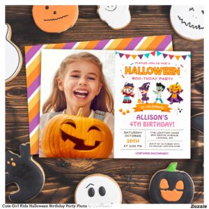 Cute Girl Kids Halloween Birthday Party Photo Invitation