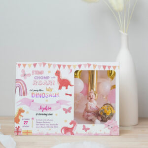 Cute Girl Pink Dino Dinosaur Photo Kids Birthday Invitation