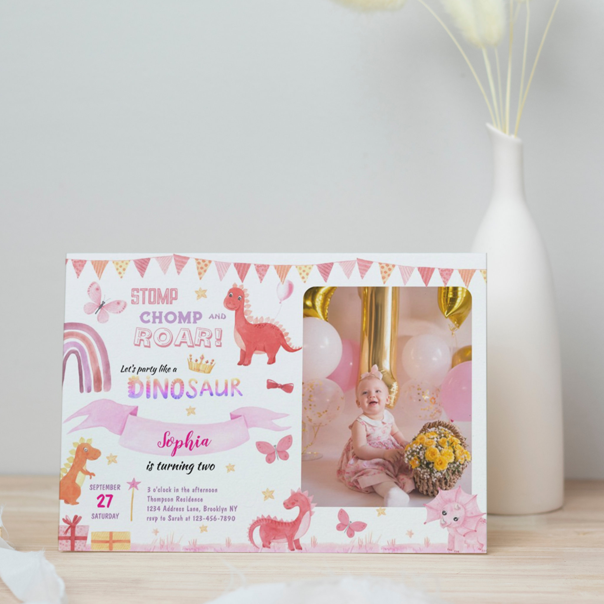 Cute Girl Pink Dino Dinosaur Photo Kids Birthday Invitation