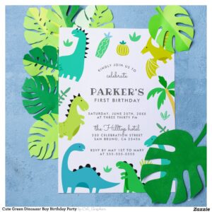 Cute Green Dinosaur Boy Birthday Party Invitation