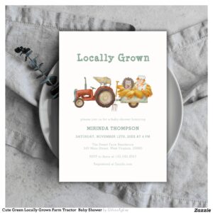 Cute Green Locally Grown Farm Tractor Baby Shower Invitation