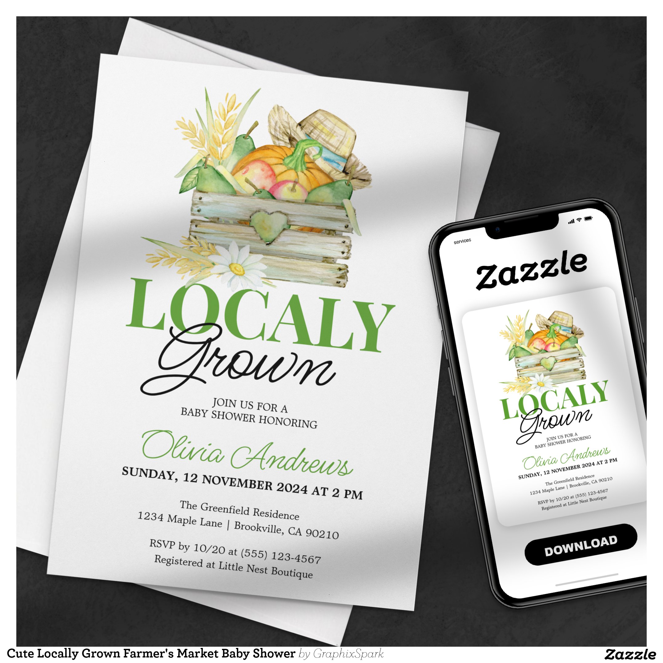 Cute Locally Grown Farmer's Market Baby Shower Invitation