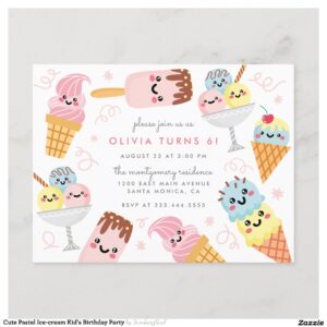 Cute Pastel Ice-cream Kid's Birthday Party Invitation Postcard