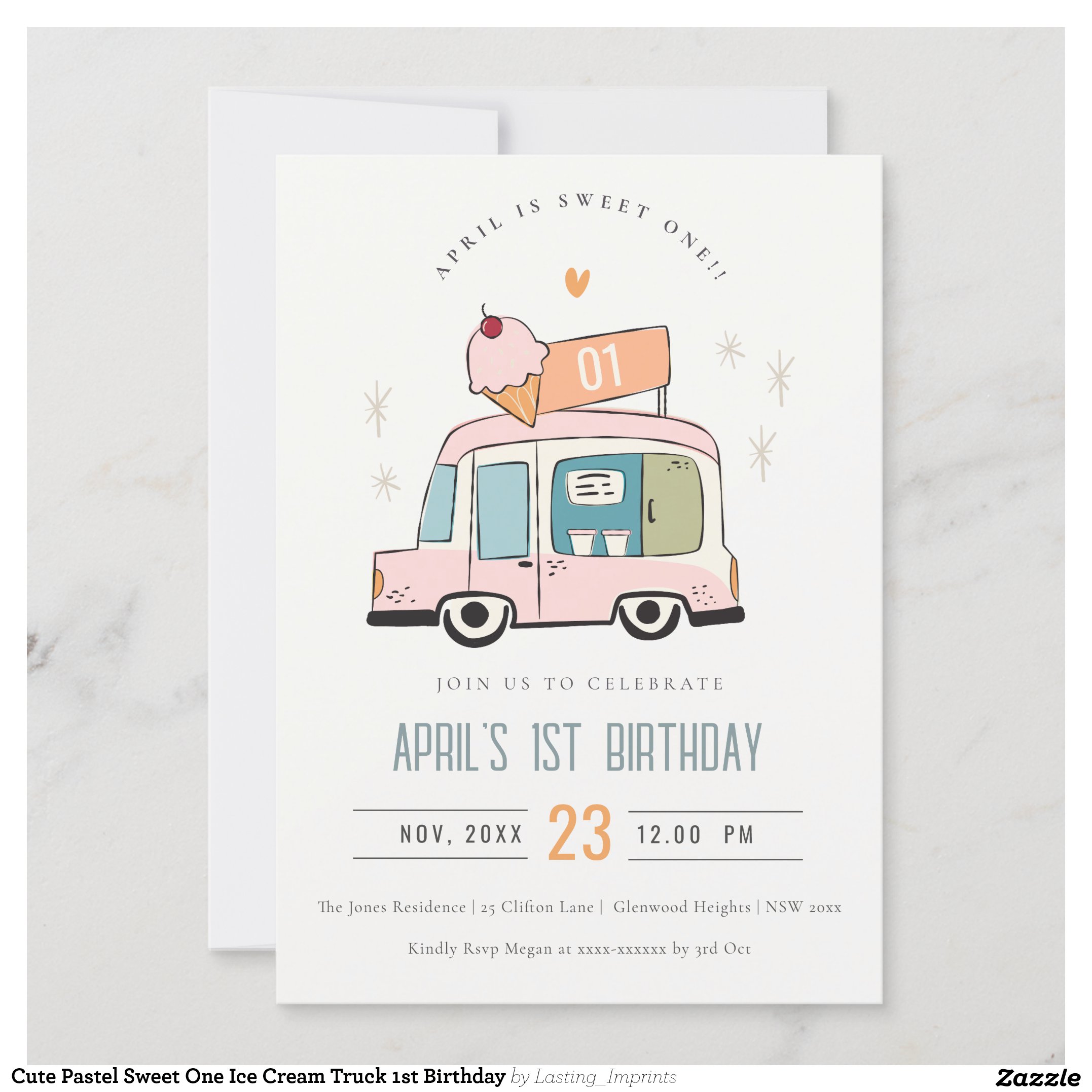 Cute Pastel Sweet One Ice Cream Truck 1st Birthday Invitation