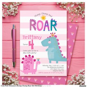 Cute Pink Dinosaurs Stomp Chomp Roar Girl Birthday Invitation