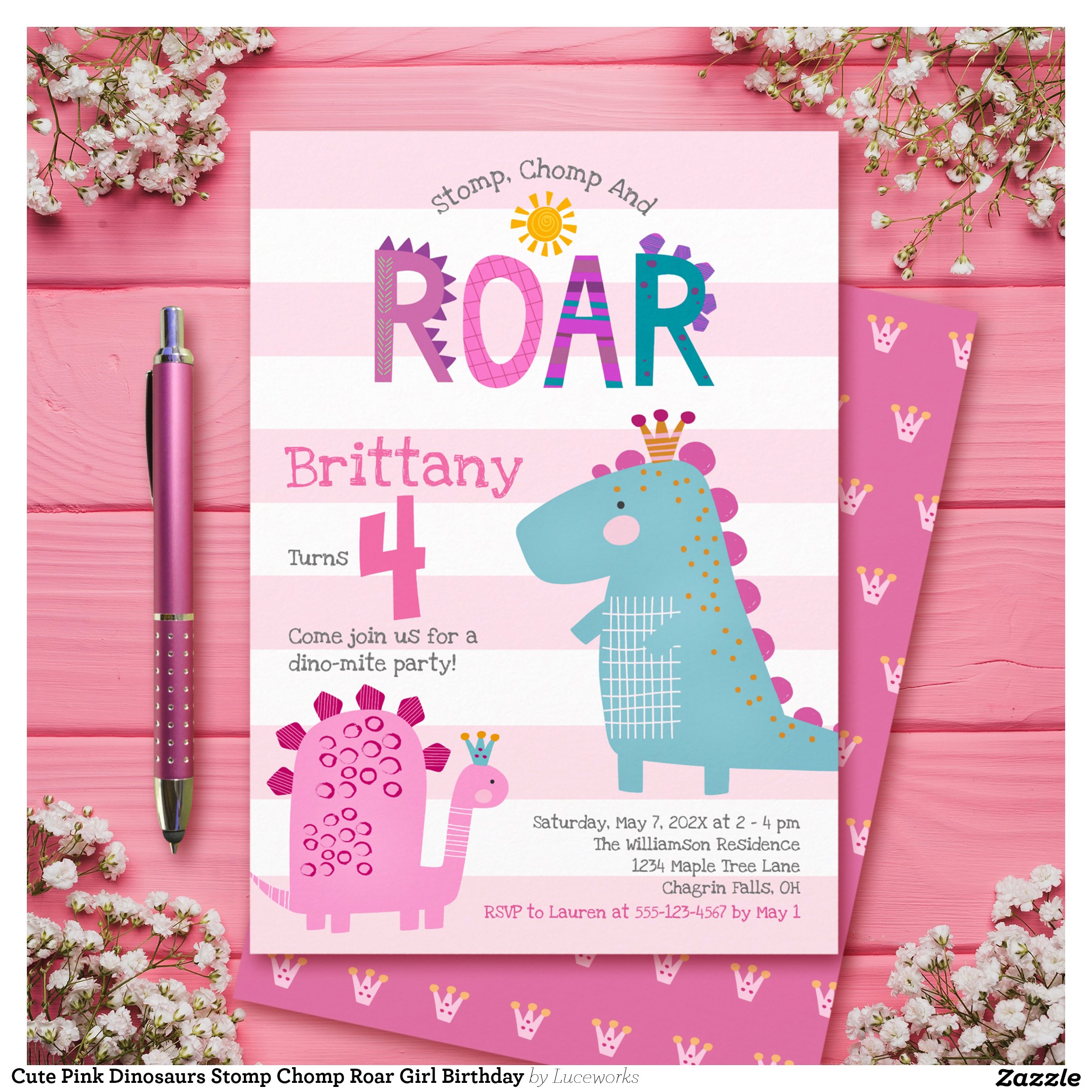 Cute Pink Dinosaurs Stomp Chomp Roar Girl Birthday Invitation