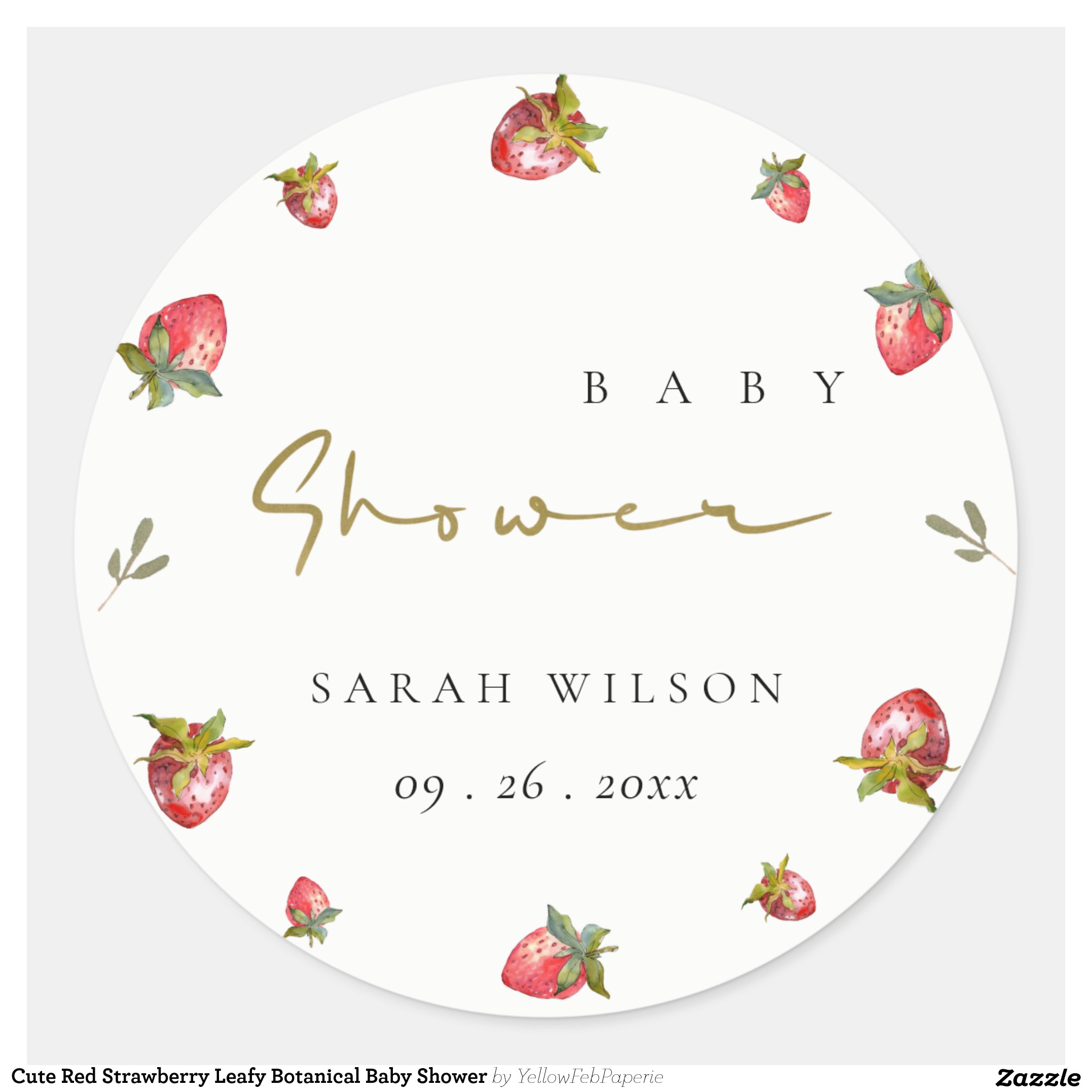 Cute Red Strawberry Leafy Botanical Baby Shower Classic Round Sticker