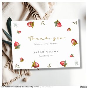 Cute Red Strawberry Leafy Botanical Baby Shower Thank You Card