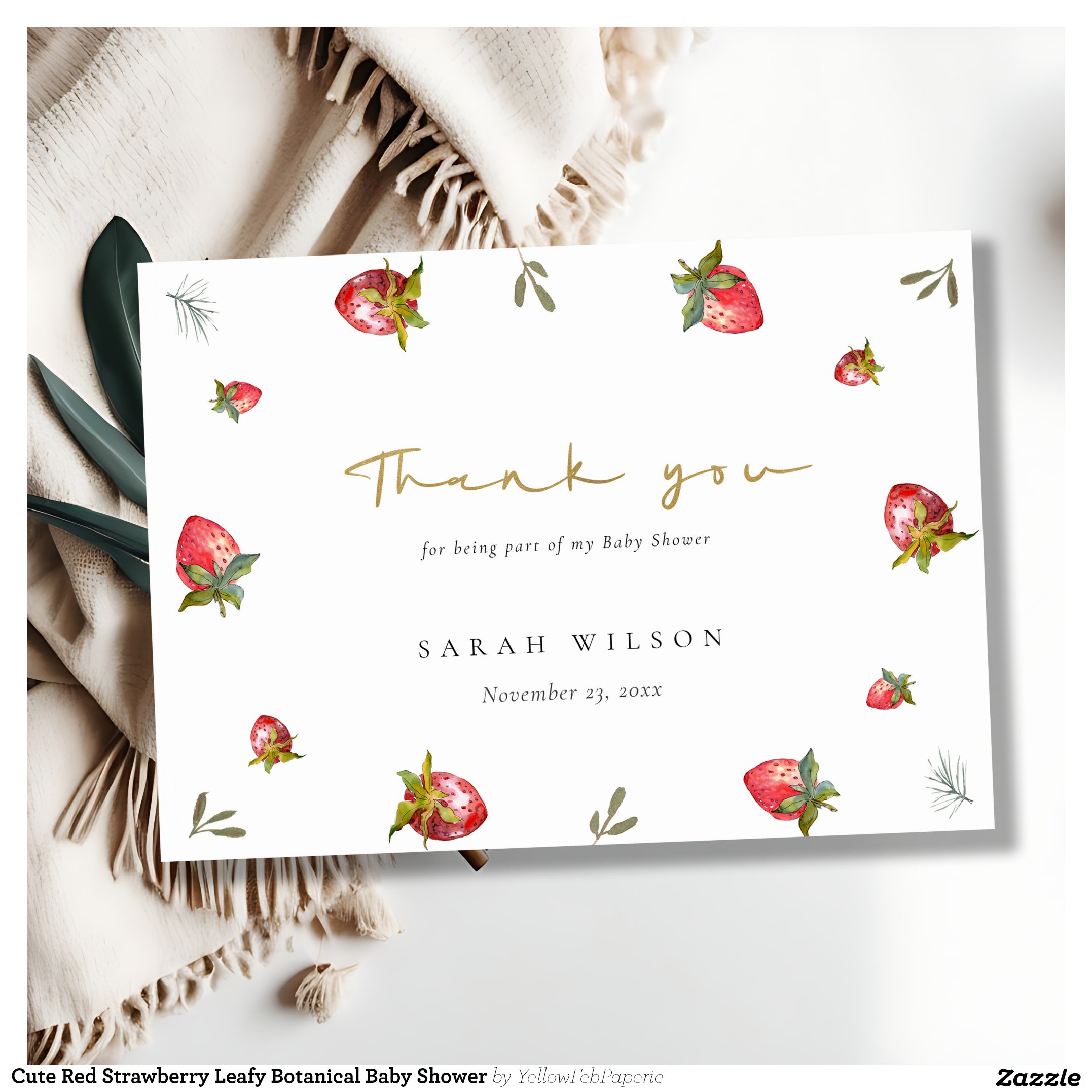 Cute Red Strawberry Leafy Botanical Baby Shower Thank You Card