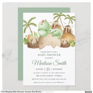 Cute Sleeping Baby Dinosaur Jurassic Boy Shower Invitation