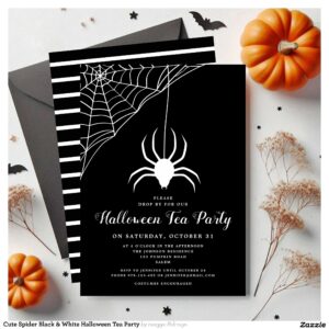 Cute Spider Black & White Halloween Tea Party Invitation