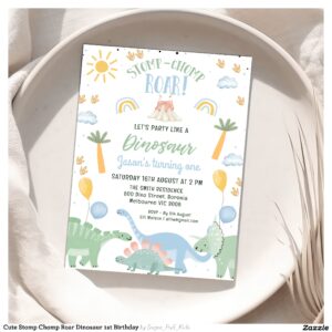 Cute Stomp Chomp Roar Dinosaur 1st Birthday Invitation