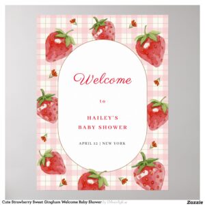 Cute Strawberry Sweet Gingham Welcome Baby Shower Poster