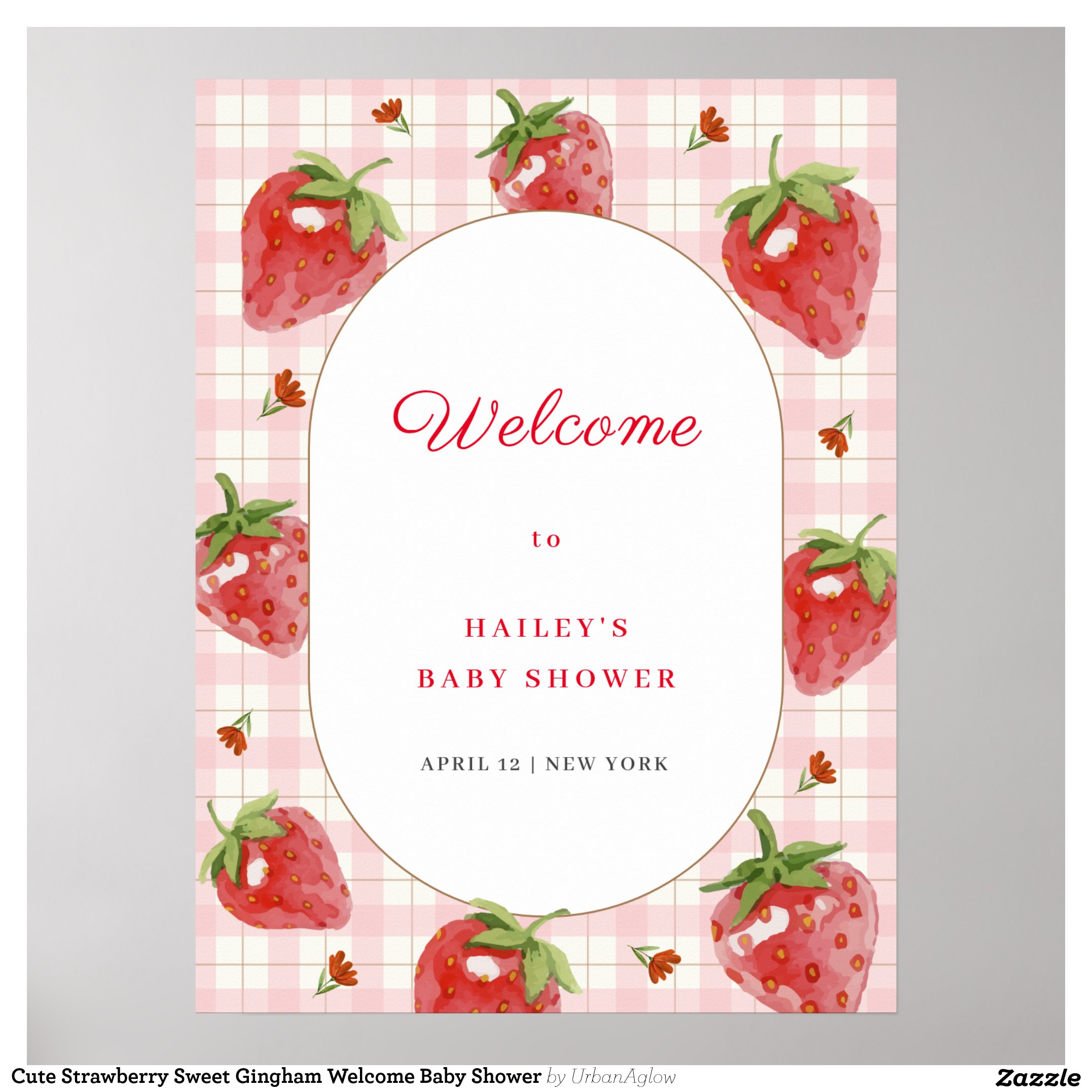 Cute Strawberry Sweet Gingham Welcome Baby Shower Poster