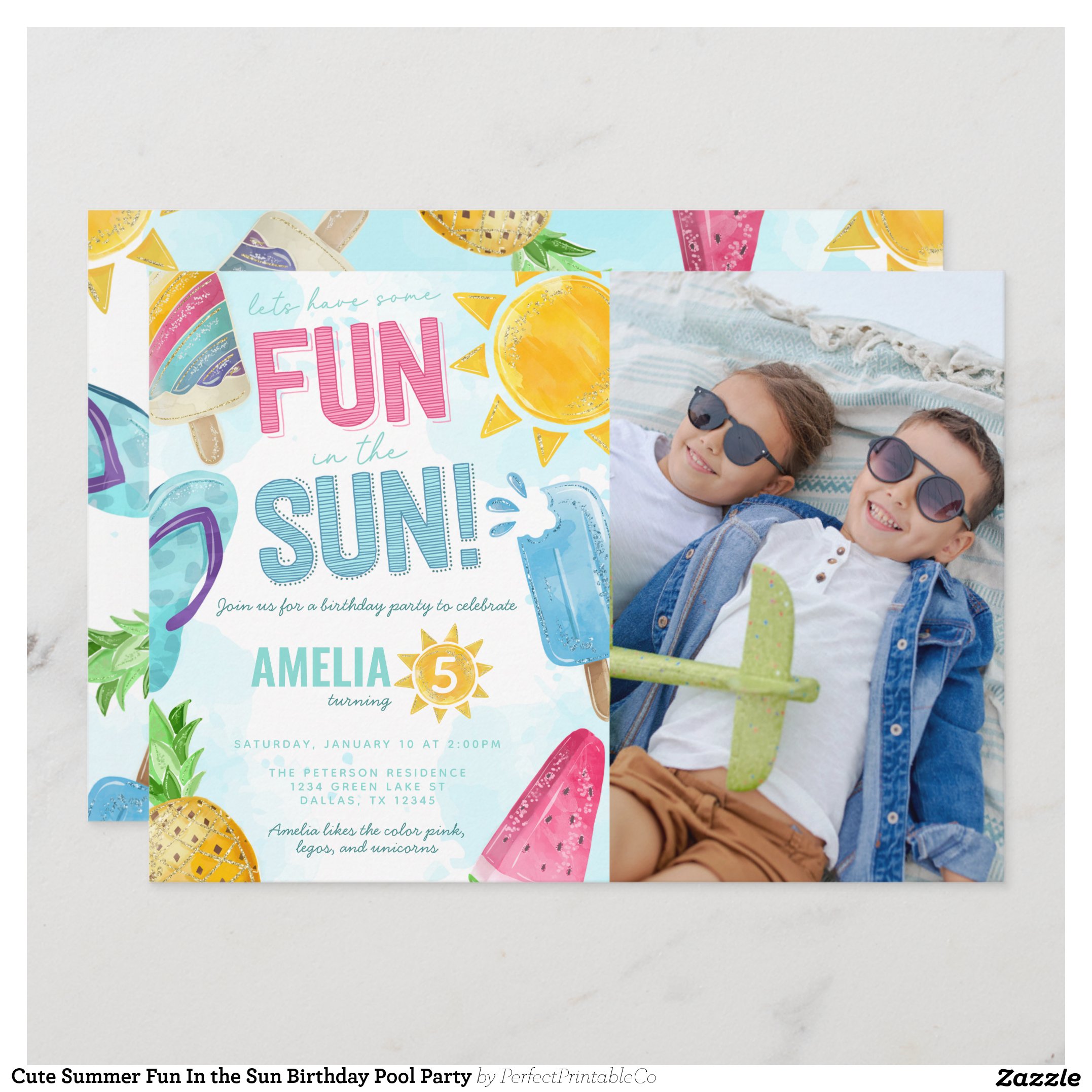 Cute Summer Fun In the Sun Birthday Pool Party Invitation