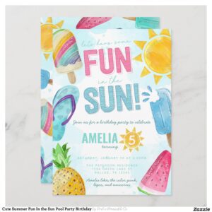 Cute Summer Fun In the Sun Pool Party Birthday Invitation