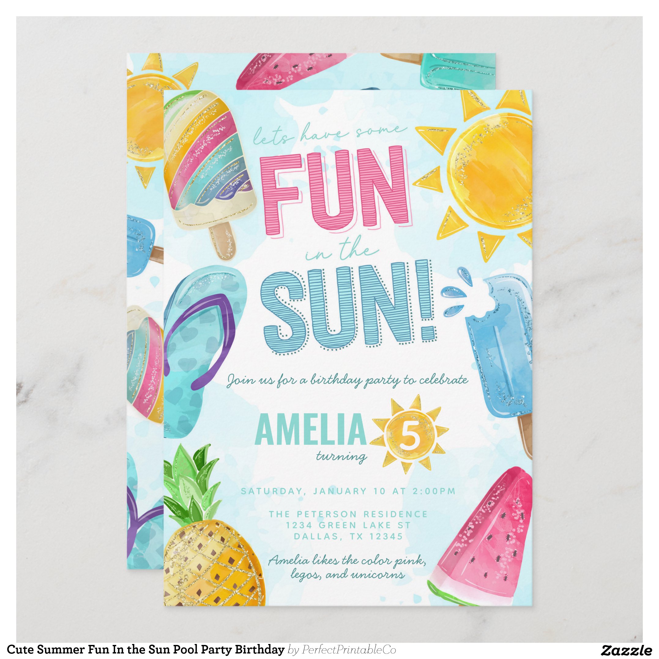 Cute Summer Fun In the Sun Pool Party Birthday Invitation