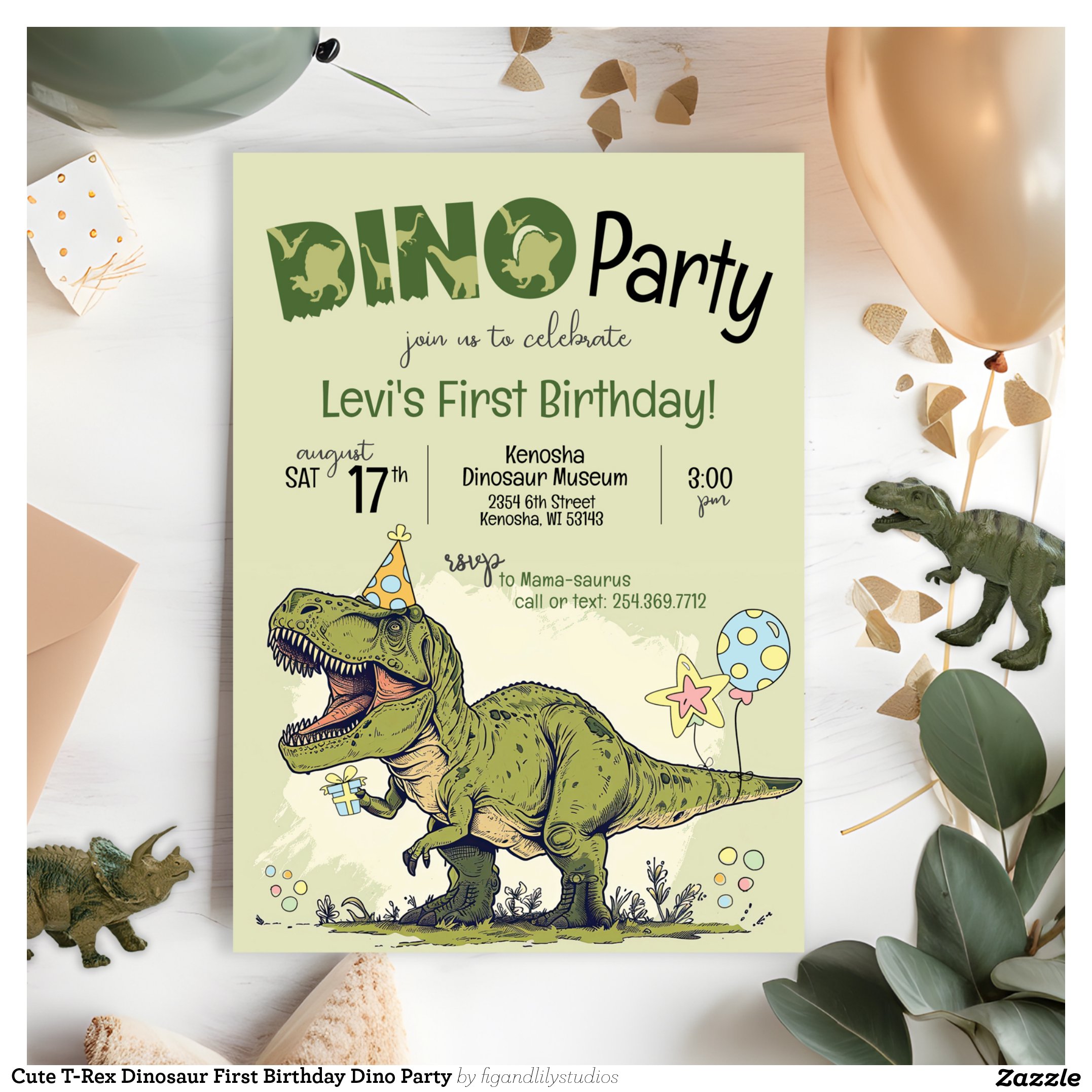 Cute T-Rex Dinosaur First Birthday Dino Party Invitation