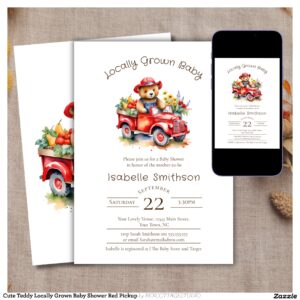 Cute Teddy Locally Grown Baby Shower Red Pickup Invitation
