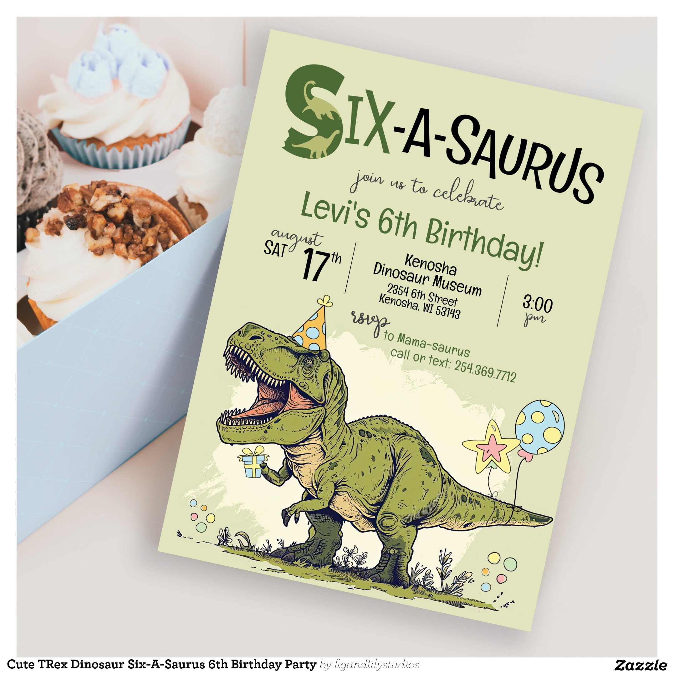 Cute TRex Dinosaur Six-A-Saurus 6th Birthday Party Invitation