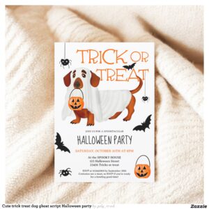 Cute trick treat dog ghost script Halloween party Invitation