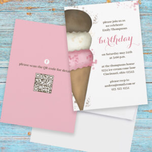 Cute Watercolor Ice Cream Cone Birthday QR Code Invitation