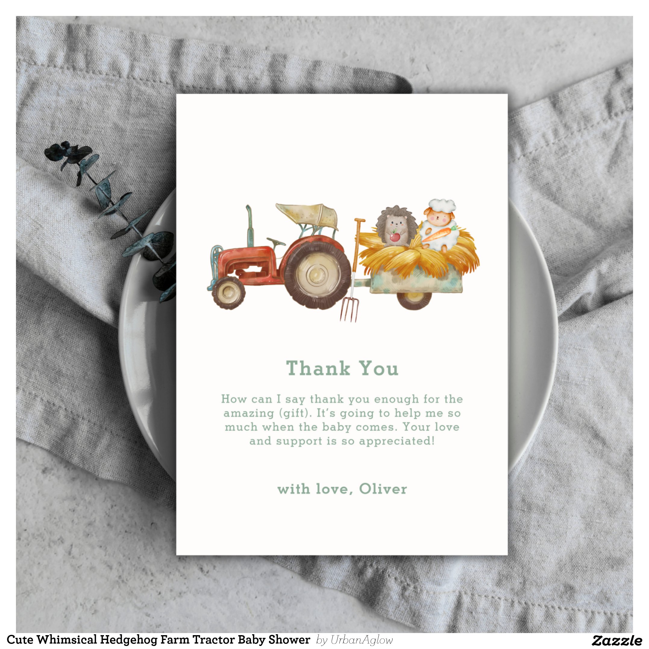 Cute Whimsical Hedgehog Farm Tractor Baby Shower Thank You Card