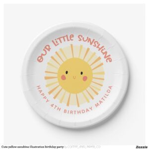 Cute yellow sunshine illustration birthday party paper plates