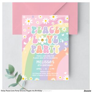 Daisy Peace Love Party Groovy Hippie 70s Birthday Invitation