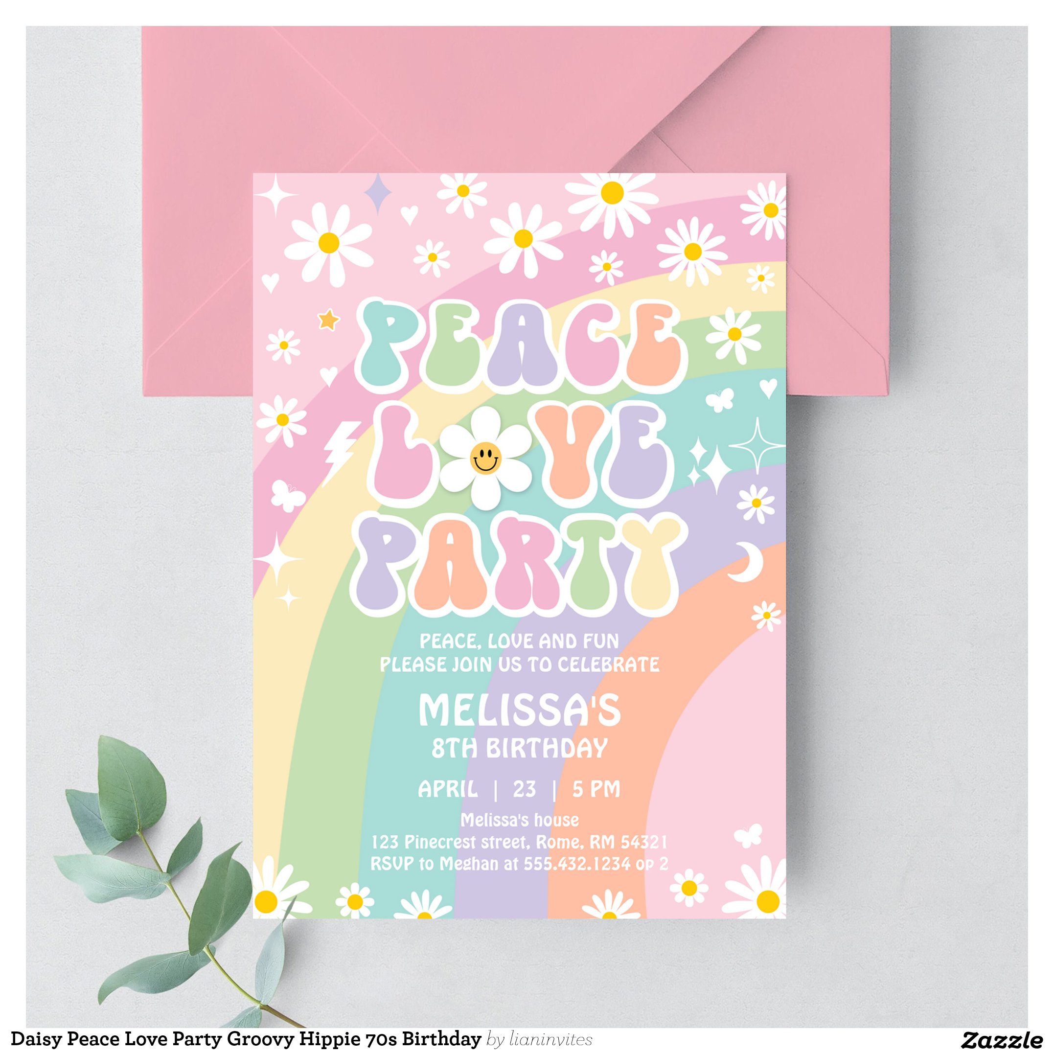 Daisy Peace Love Party Groovy Hippie 70s Birthday Invitation