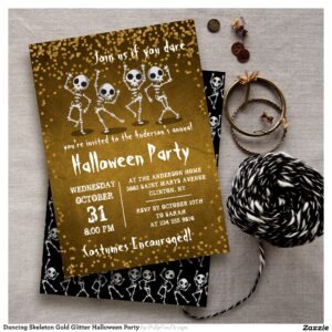 Dancing Skeleton Gold Glitter Halloween Party Invitation