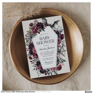 Dark Floral Coffin Halloween Baby Shower Invitation